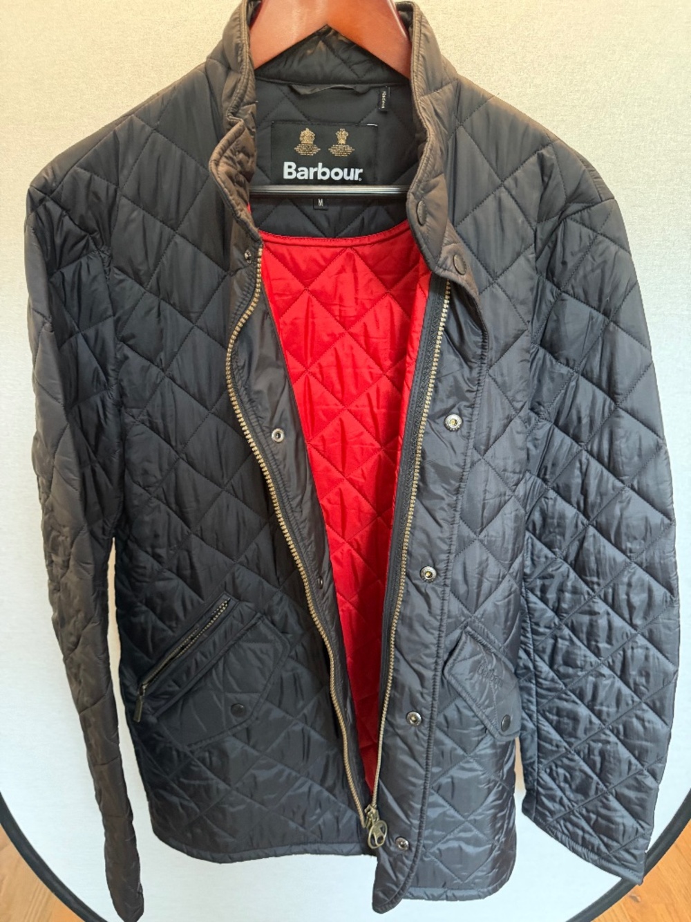 Barbour Men’s Quilted Jacket Navy Red Lining Size Medium